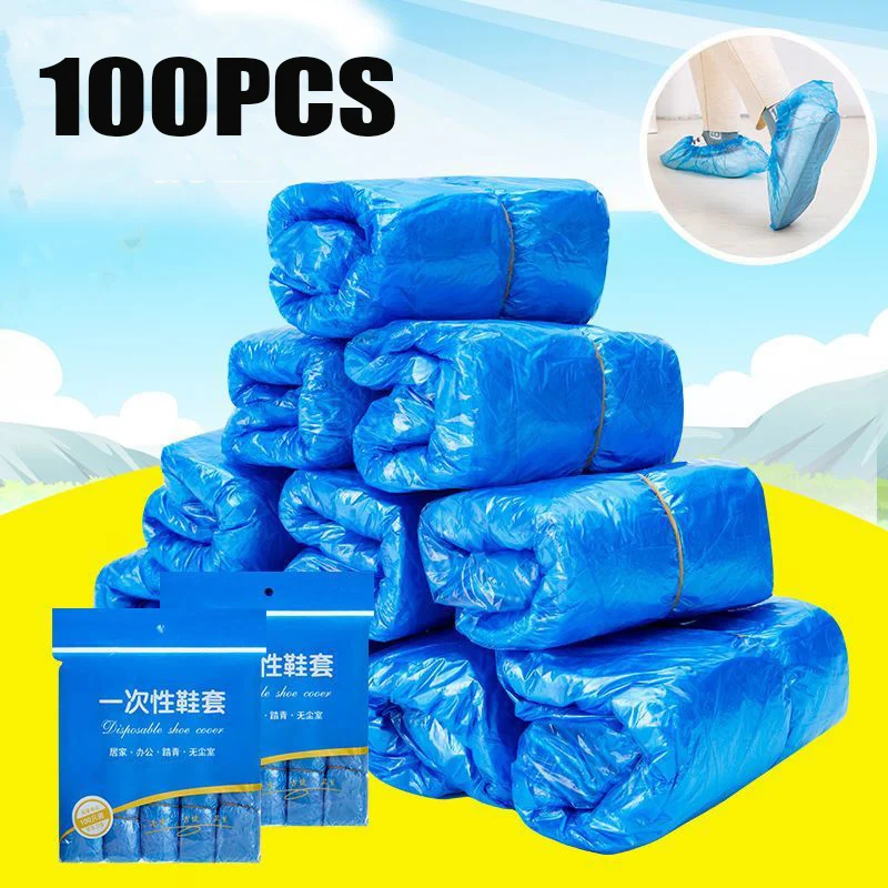 100PCS Portable Waterproof Boot Covers Plastic non-slip Wear Disposable Shoe Covers Overshoes Rain Shoe Covers Mud-proof