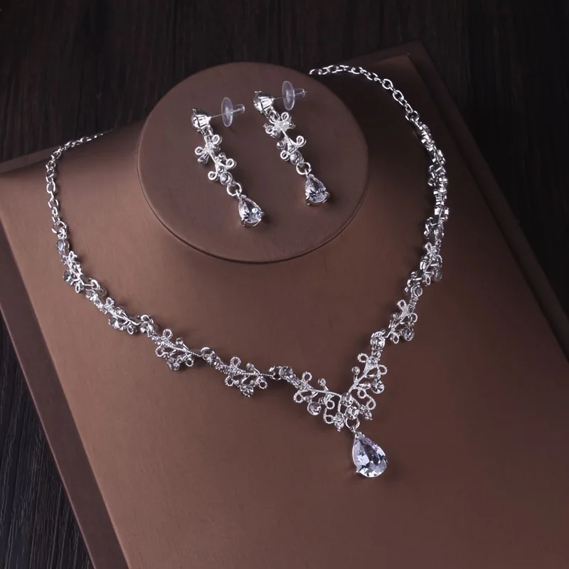 Bridal Headwear Luxury Silver-Color Crystal Water Drop Rhinestone Tiara Necklace Earrings Wedding 4 Pcs Jewelry Set