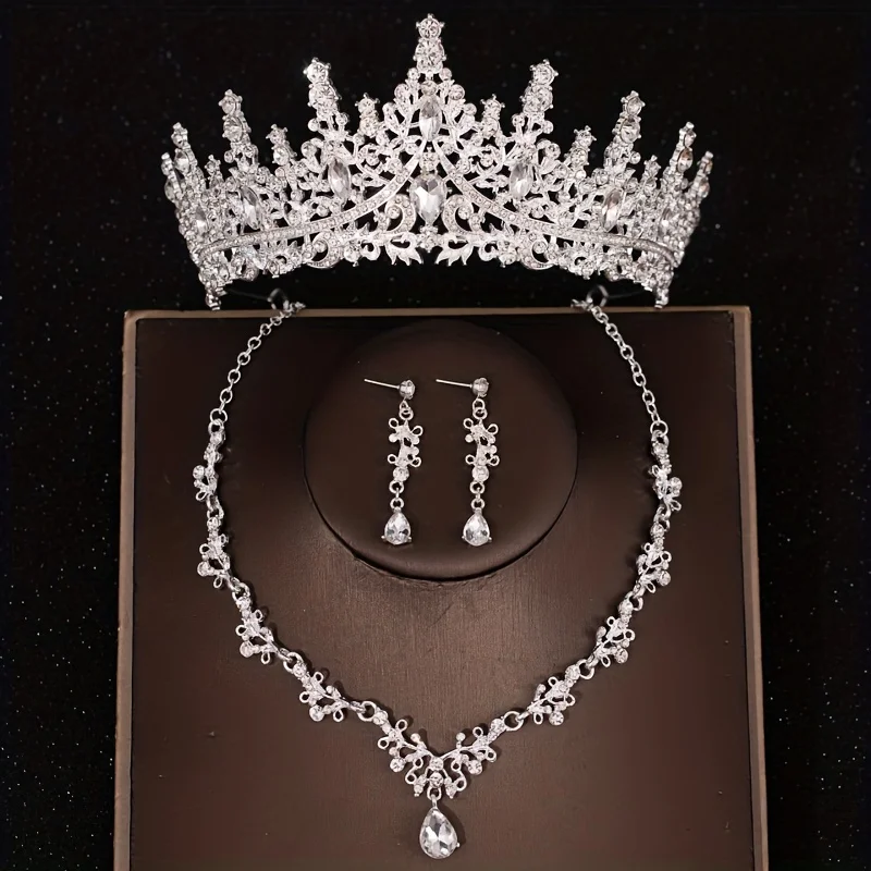 Bridal Headwear Luxury Silver-Color Crystal Water Drop Rhinestone Tiara Necklace Earrings Wedding 4 Pcs Jewelry Set