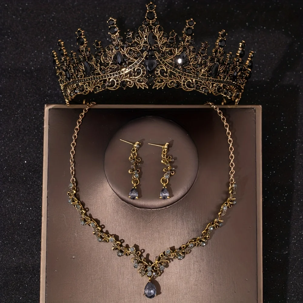 Bridal Headwear Luxury Silver-Color Crystal Water Drop Rhinestone Tiara Necklace Earrings Wedding 4 Pcs Jewelry Set