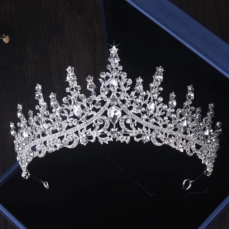 Bridal Headwear Luxury Silver-Color Crystal Water Drop Rhinestone Tiara Necklace Earrings Wedding 4 Pcs Jewelry Set