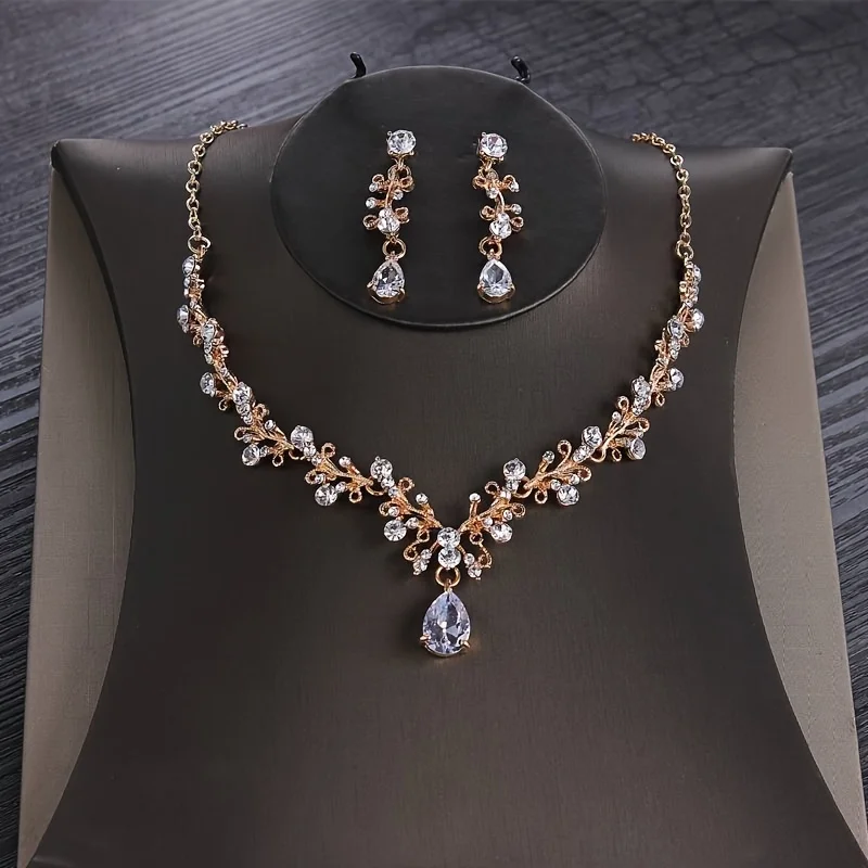 Bridal Headwear Luxury Silver-Color Crystal Water Drop Rhinestone Tiara Necklace Earrings Wedding 4 Pcs Jewelry Set
