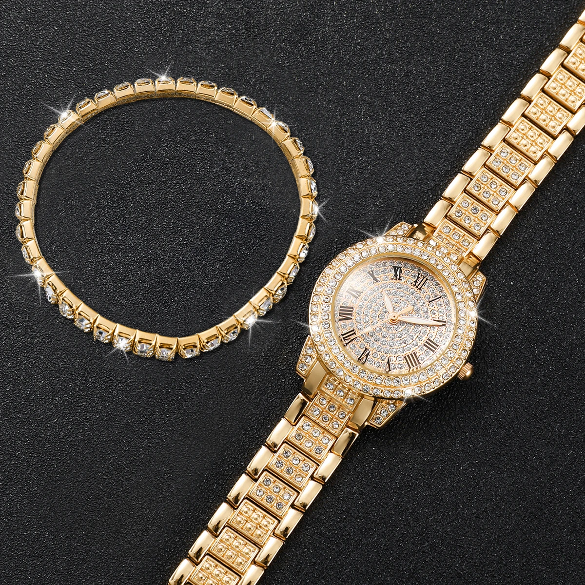 2PCS Fashion Full Diamond Women's Watch Gold Steel Band Analog Quartz Watches Bracelet Set