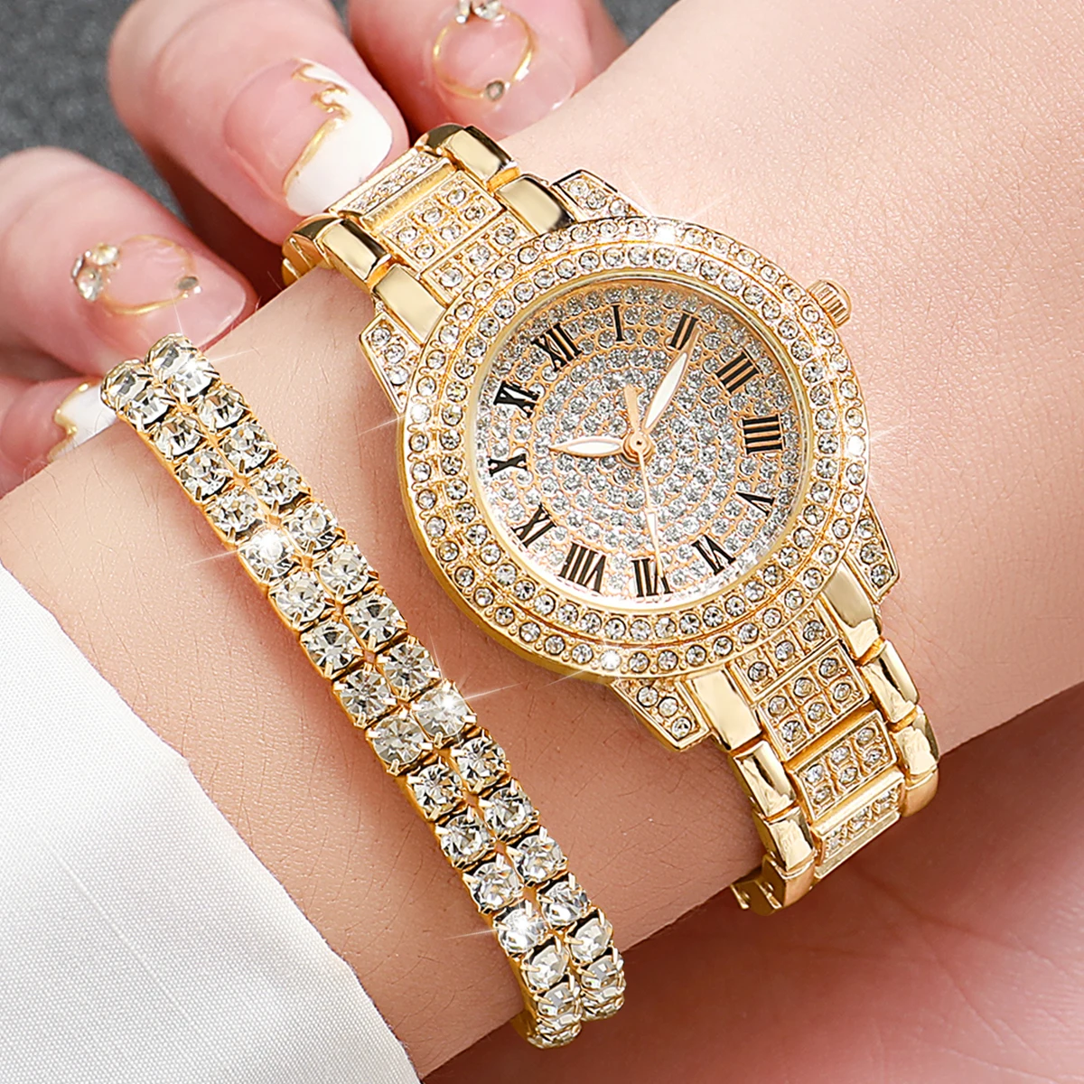 2PCS Fashion Full Diamond Women's Watch Gold Steel Band Analog Quartz Watches Bracelet Set
