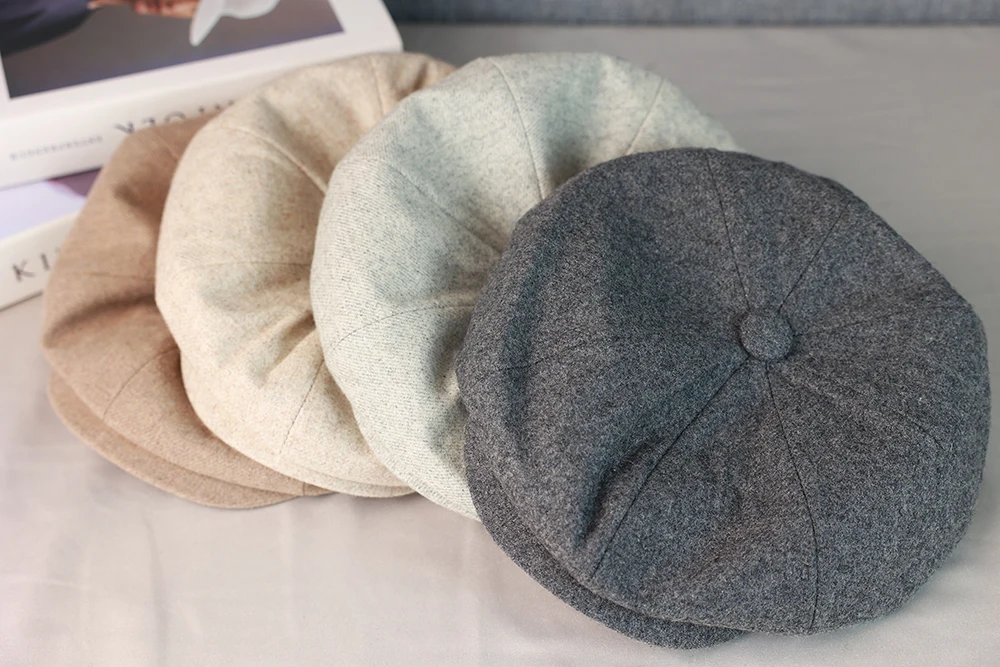 Wool Newsboy Cap Men Grey Beige Solid Color Flat Caps Women Men British Painters Hat Soft Autumn Winter hats Octagonal Cap 018