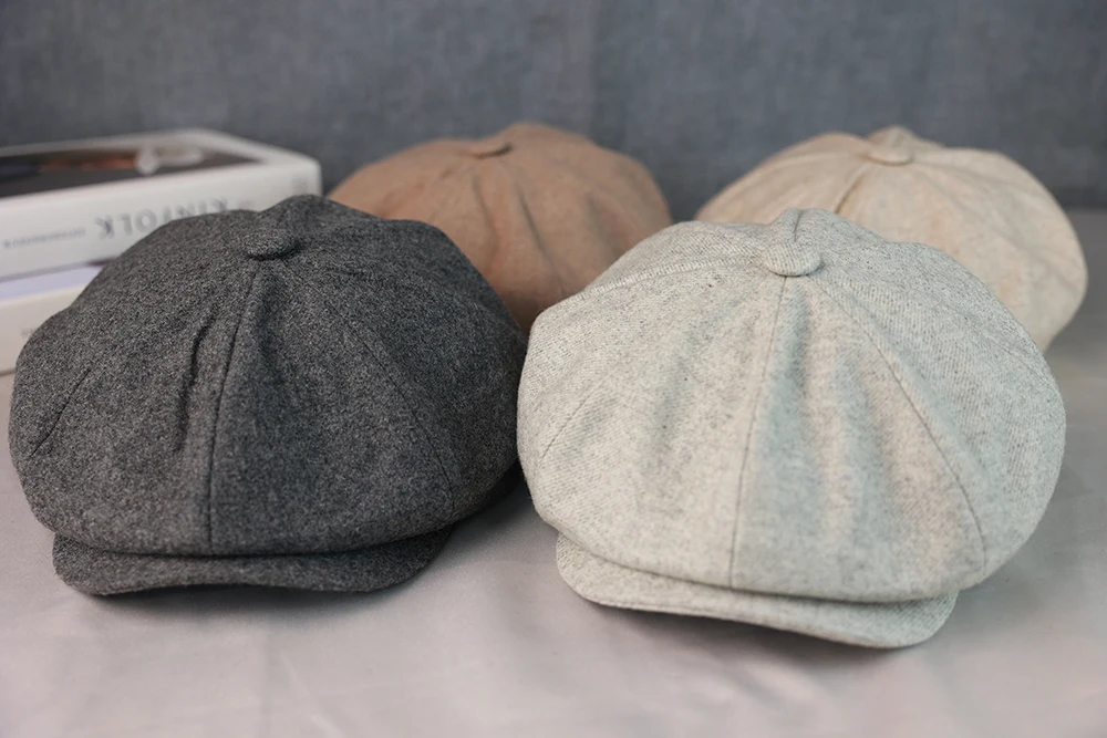 Wool Newsboy Cap Men Grey Beige Solid Color Flat Caps Women Men British Painters Hat Soft Autumn Winter hats Octagonal Cap 018