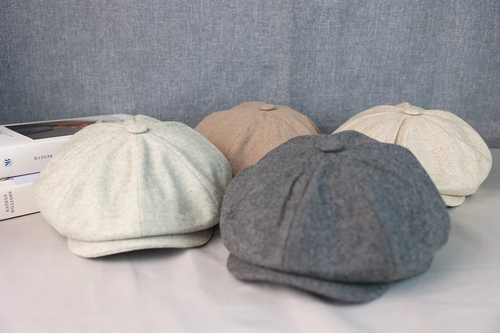 Wool Newsboy Cap Men Grey Beige Solid Color Flat Caps Women Men British Painters Hat Soft Autumn Winter hats Octagonal Cap 018