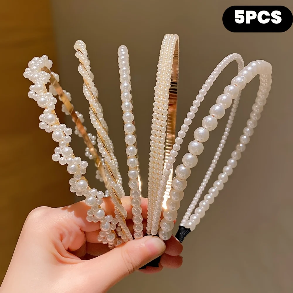 5 Pieces of Girls' Princess Hair Accessories, Children's Imitation Pearl Hairbands, Birthday Hairpins, Baby Flower Girl Headbands