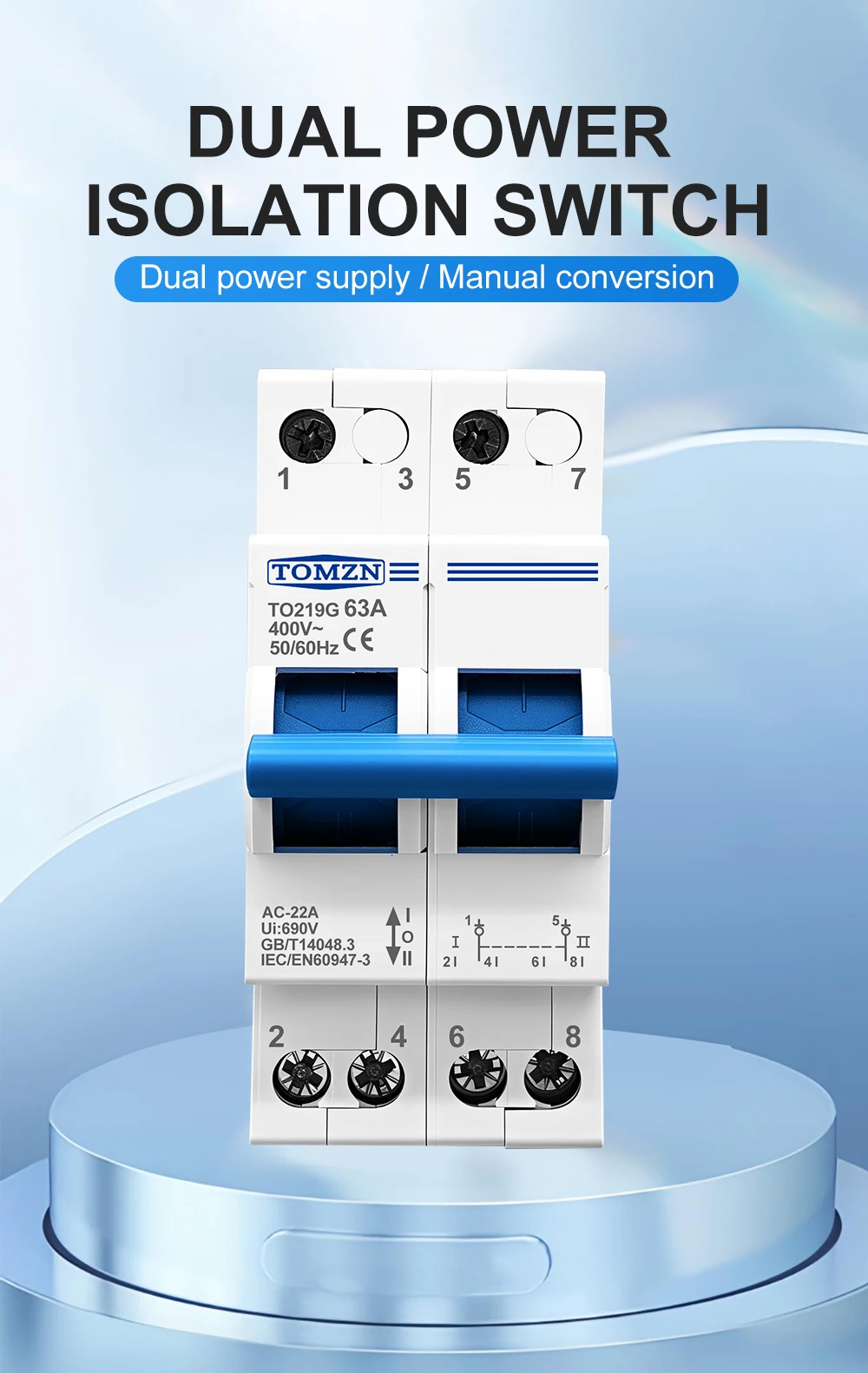 TOMZN TO219G 2P 40A 63A MTS Dual Power Manual Transfer Isolating Switch Interlock Circuit Breaker