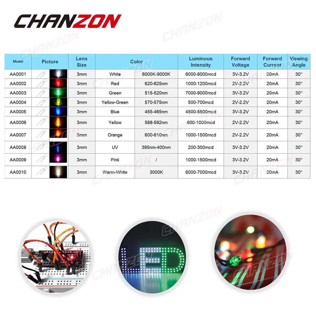 100pcs 3mm LED Diode Kit Ultra Bright Warm White Red Green Blue UV Purple Yellow Orange Pink 2V 3V F3 3 mm Emitting Assorted Set