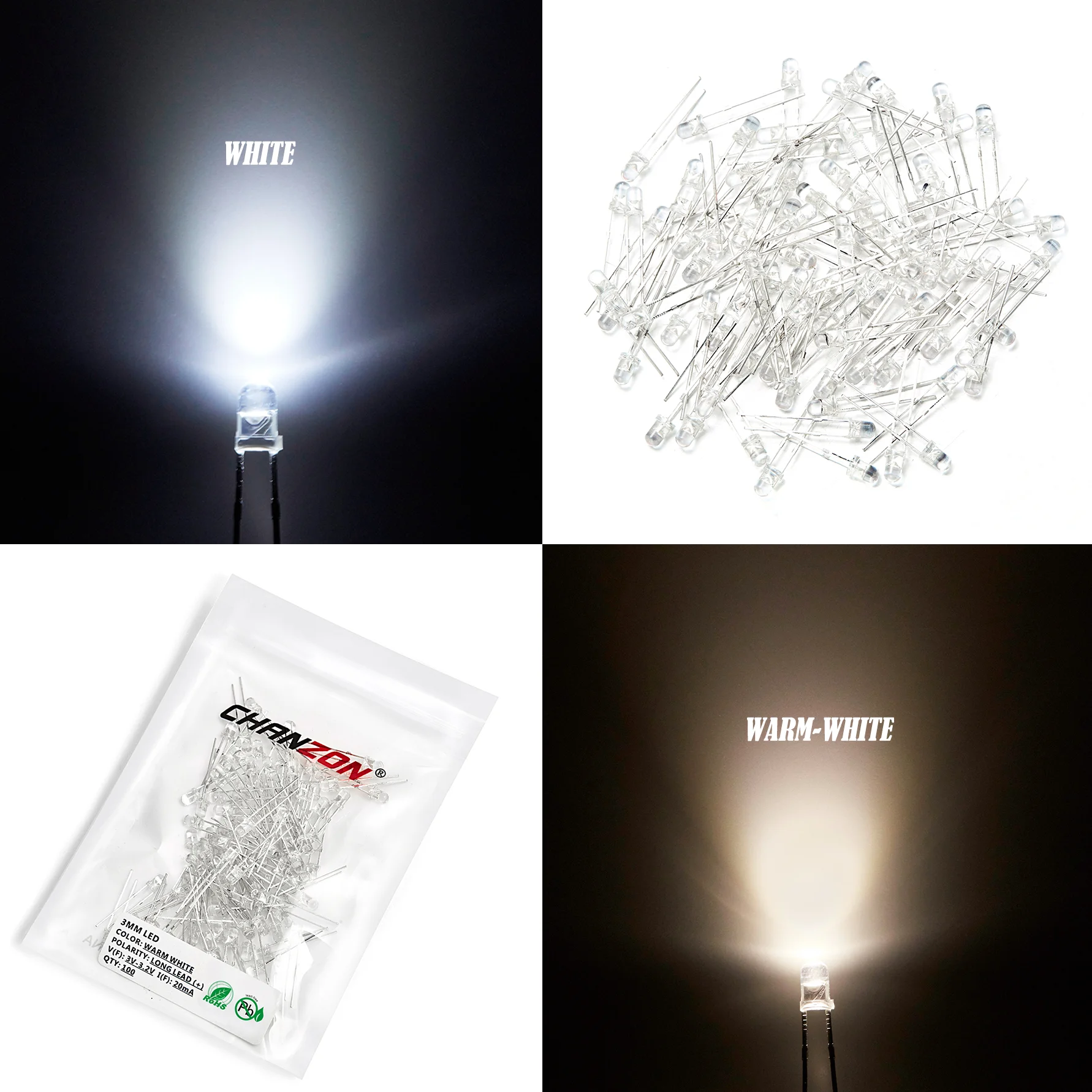 100pcs 3mm LED Diode Kit Ultra Bright Warm White Red Green Blue UV Purple Yellow Orange Pink 2V 3V F3 3 mm Emitting Assorted Set