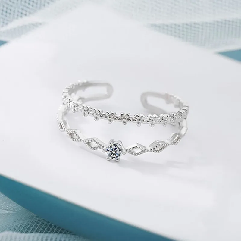 VENTFILLE 925 Sterling Silver Flower Lace Ring Korean Fashion Opening Inlaid CZ Adjustable Rings Valentine's Day Gift