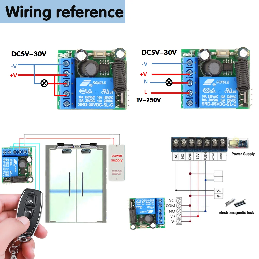 433Mhz RF Remote Control Wireless Switch DC 5V 12V 24V 1CH RF Relay Receiver and 2CH Transmitter For Door Electromagnetic Lock