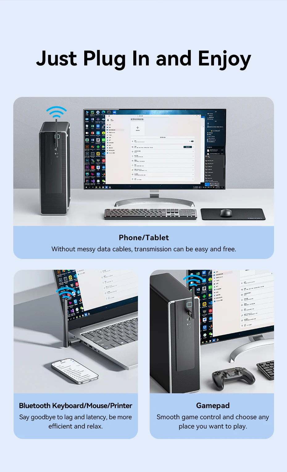 Vention USB Bluetooth 6.0 Adapter Wireless USB Dongle Receiver Bluetooth 5.4 For Mouse Keyboard Music Audio Transmitter PC Lapto