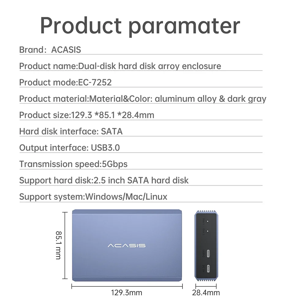 Acasis 2.5 Inch HDD Case Dual Bay External Hard Drive Enclosure Case HDD SSD Case RAID Array Type C 2.5" Disk Array Enclosure