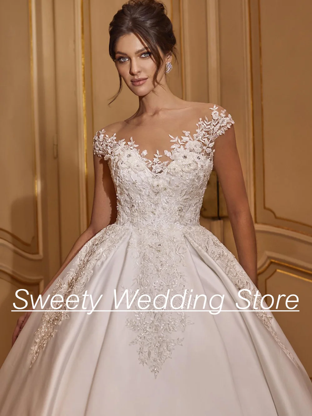 Ball Gown Satin Wedding Dress Cap Sleeve Sheer Scoop Neck Beading Applique Court Train Modern Satin Wedding Gowns Bridal Dress