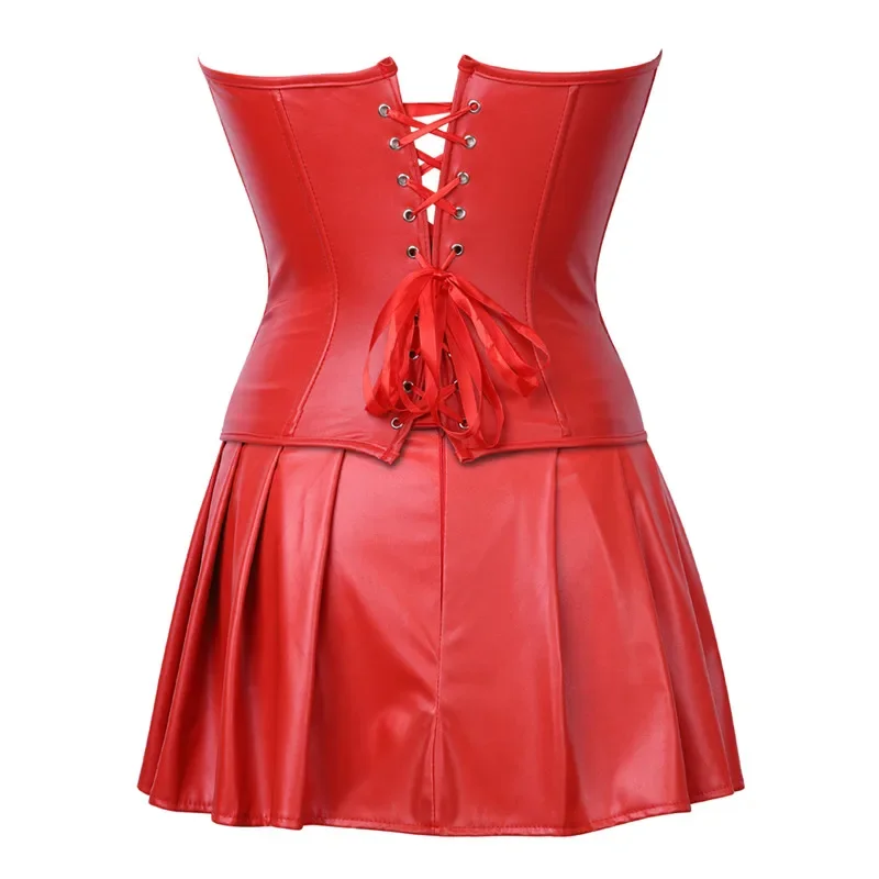Sexy Faux Leather Corsets Skirt Set Overbust Burlesque Zipper Gothic Punk Bustier Women Steampunk Lace Up Corset Dress Plus Size