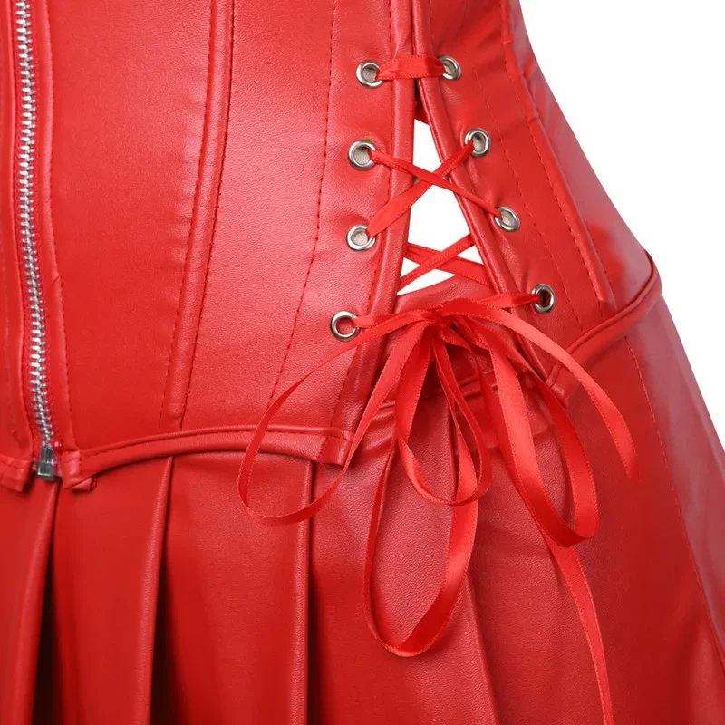Sexy Faux Leather Corsets Skirt Set Overbust Burlesque Zipper Gothic Punk Bustier Women Steampunk Lace Up Corset Dress Plus Size