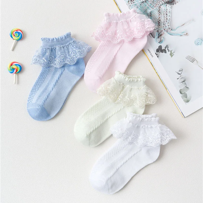4 Pairs Girls Lace Ruffle Socks Adorable Princess-Style Kids Dance-Ready Socks with Frilly Trim