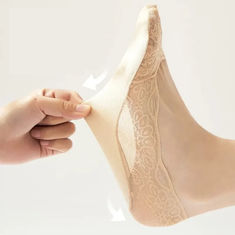 5 Pairs/Lot Socks Women's Lace Invisible Summer Transparent Short No-Show Ankle Set White Low Cut Silicone Non-Slip Boat Sock