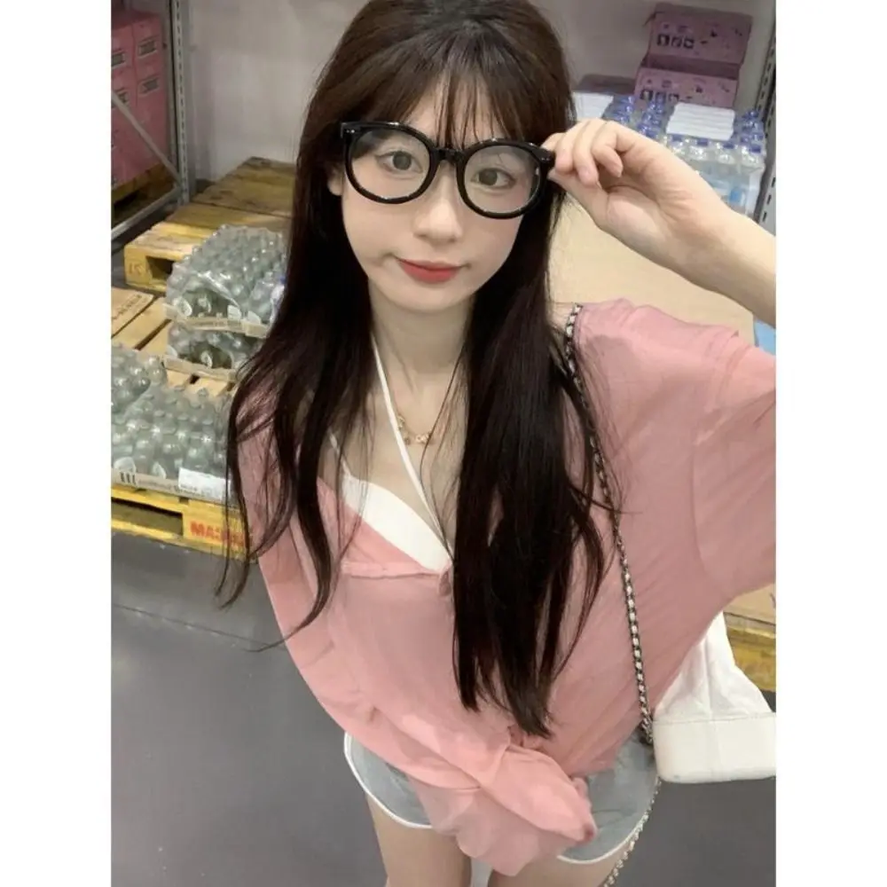 Korean Fashion Y2k Tank Top Long Sleeve V Collar Crop Top Button Sun Protection Frock Lady