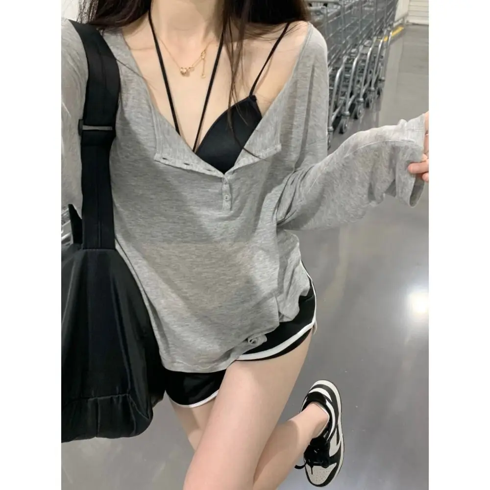 Korean Fashion Y2k Tank Top Long Sleeve V Collar Crop Top Button Sun Protection Frock Lady