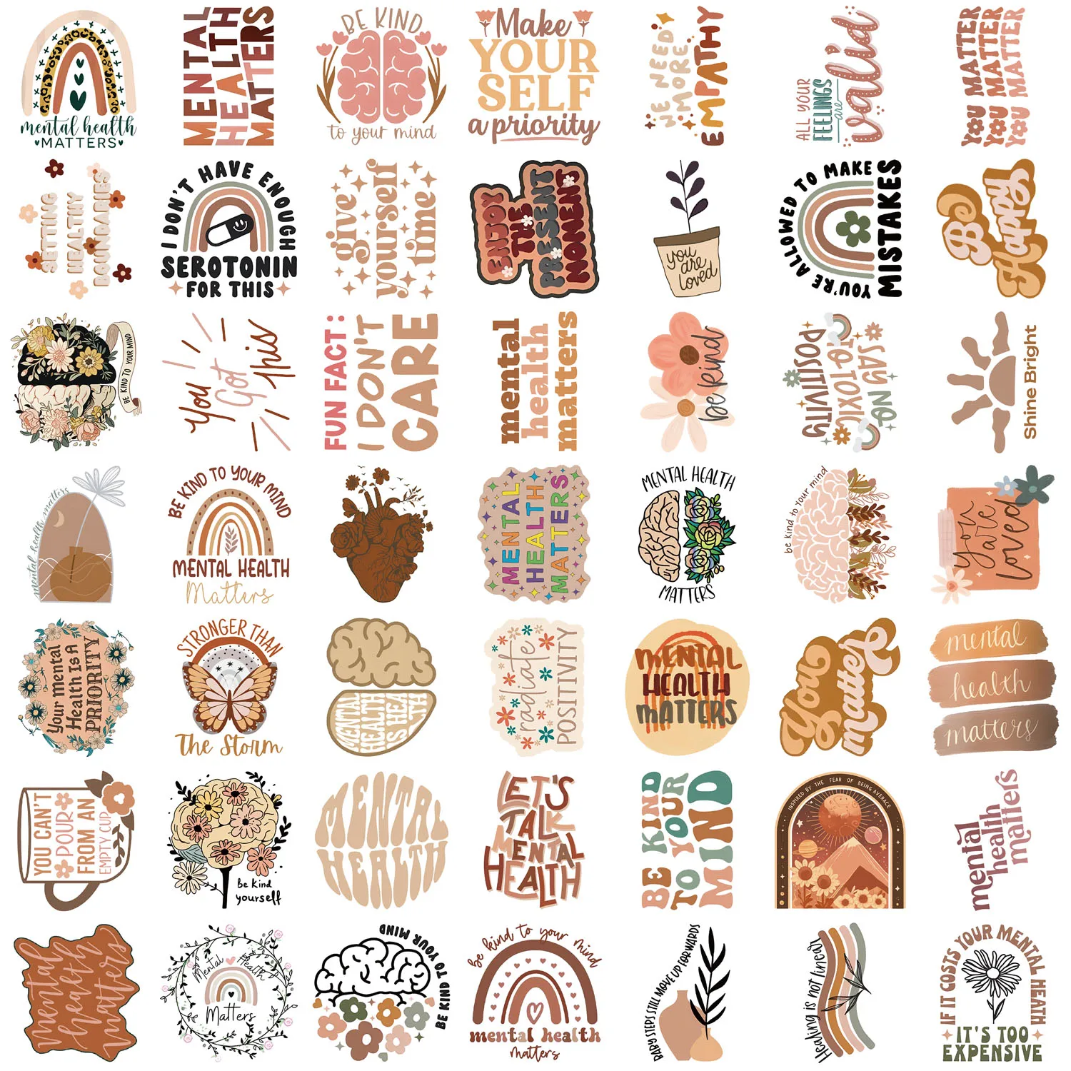 50pcs Bohemian Style Mental Health Graffiti Stickers For Laptop Phone Water Bottle Notebook Scrapbook Fridge Sticker Decal