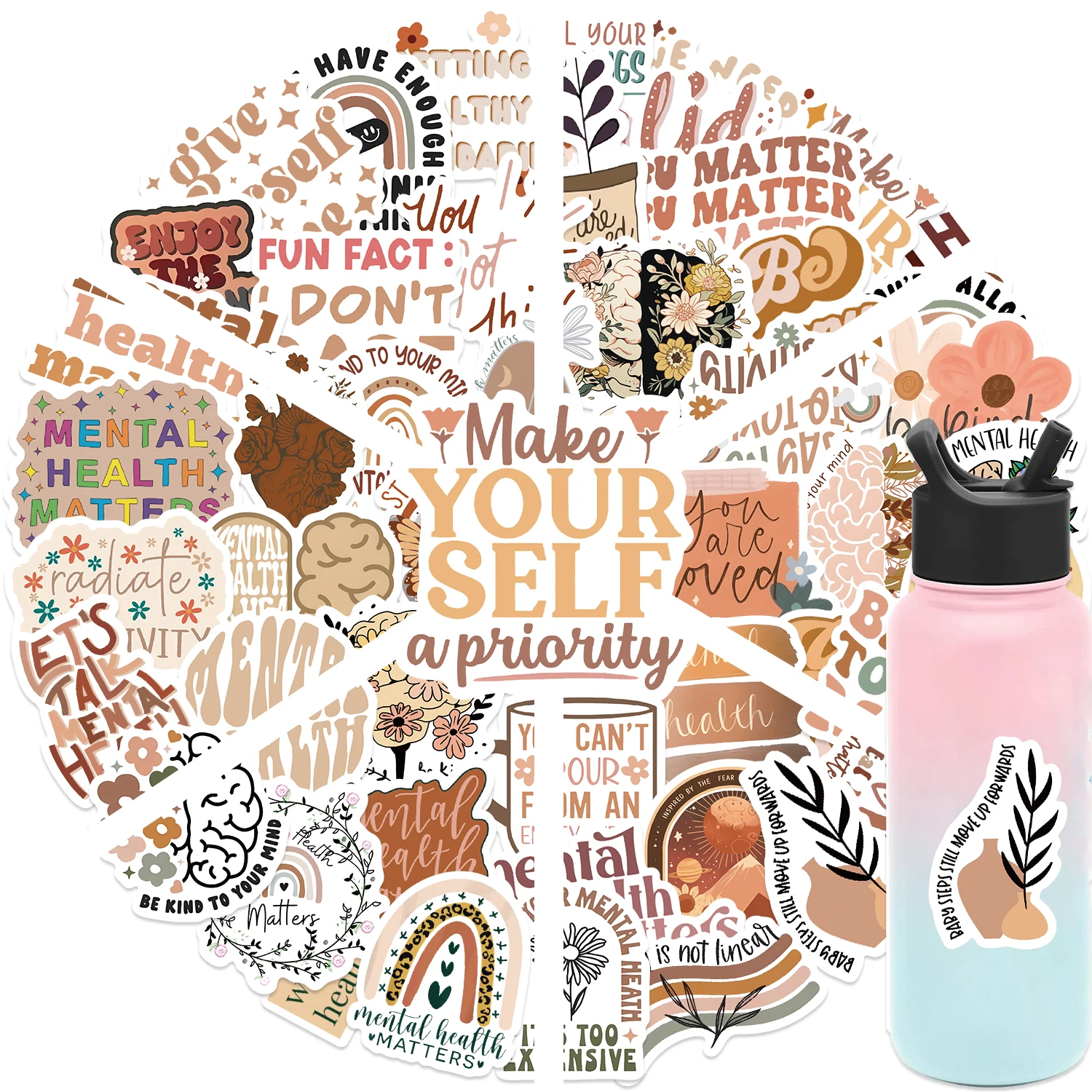 50pcs Bohemian Style Mental Health Graffiti Stickers For Laptop Phone Water Bottle Notebook Scrapbook Fridge Sticker Decal