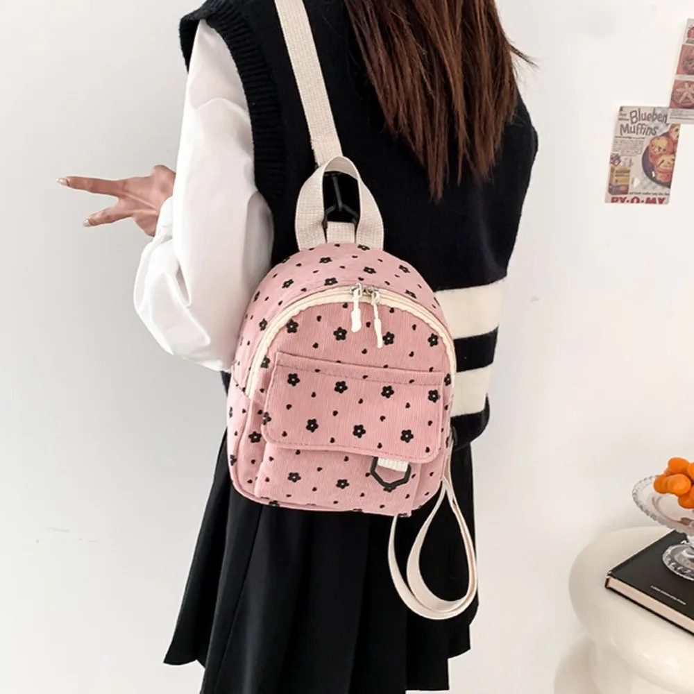 Cute Flower Print Small Backpacks Lightweight Multiple Pocket Corduroy Mini Backpack Ladies Fashion Women Shoulder Bag 4Colors