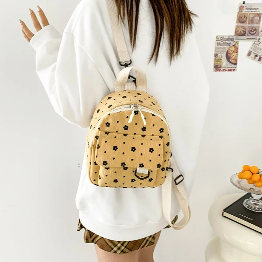 Cute Flower Print Small Backpacks Lightweight Multiple Pocket Corduroy Mini Backpack Ladies Fashion Women Shoulder Bag 4Colors