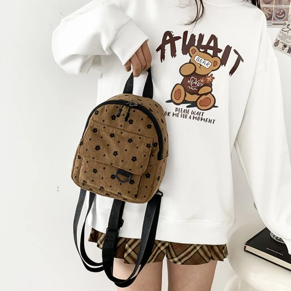 Cute Flower Print Small Backpacks Lightweight Multiple Pocket Corduroy Mini Backpack Ladies Fashion Women Shoulder Bag 4Colors