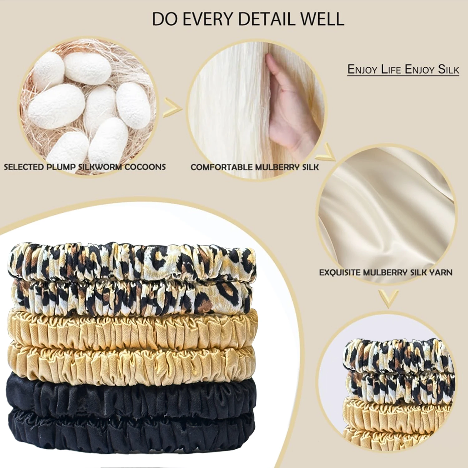 100% Silk Hair Scrunchies Silk Hair Ties Hairbands Skinny Ponytail Holders Hair Care Accessories 6pcs Box Anti Slip Hair Care
