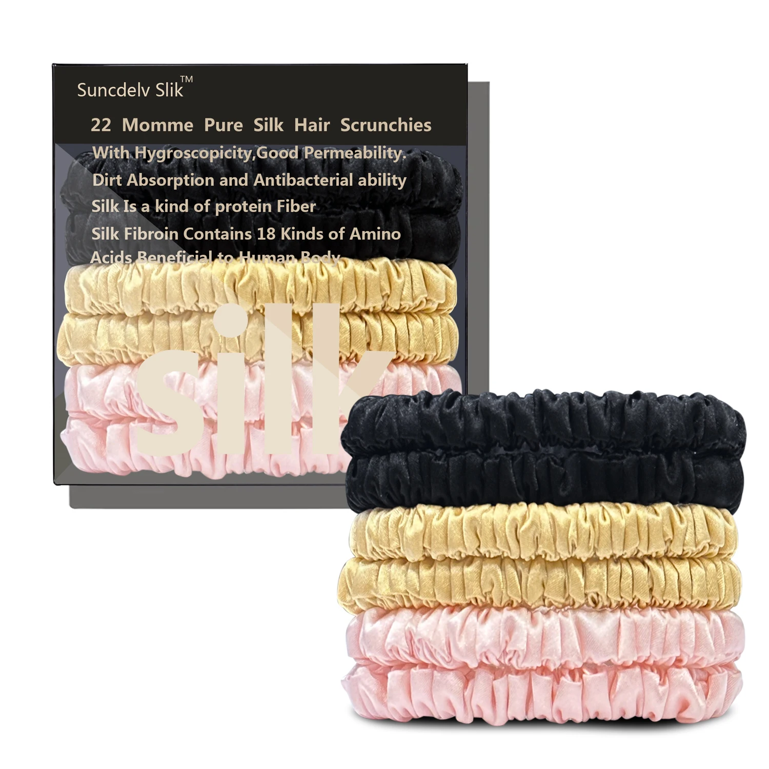 100% Silk Hair Scrunchies Silk Hair Ties Hairbands Skinny Ponytail Holders Hair Care Accessories 6pcs Box Anti Slip Hair Care