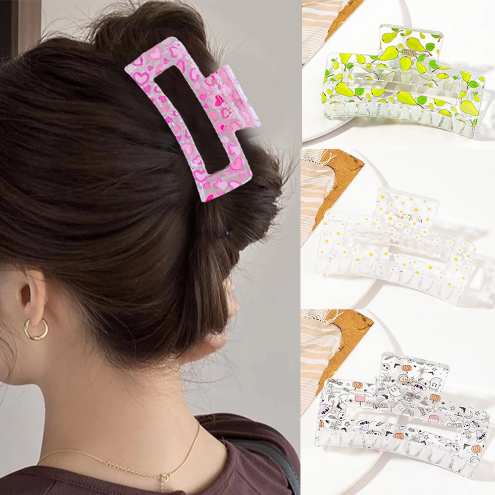 New Korean Women Print Flower Hair Claw Crab Halloween Hairpin Plastic Hair Clip Clamps Large Size Hair Accessories Barrettes