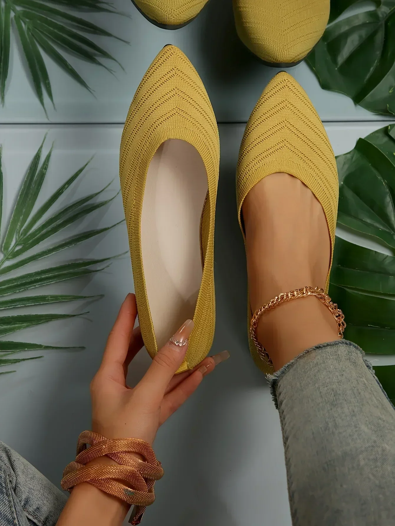 New 2024 Pointed Toe Flat Office Boat Solid Color Knitted Slip on Shoes Casual Ballet Flats Shoes Women Loafers Zapatos De Mujer