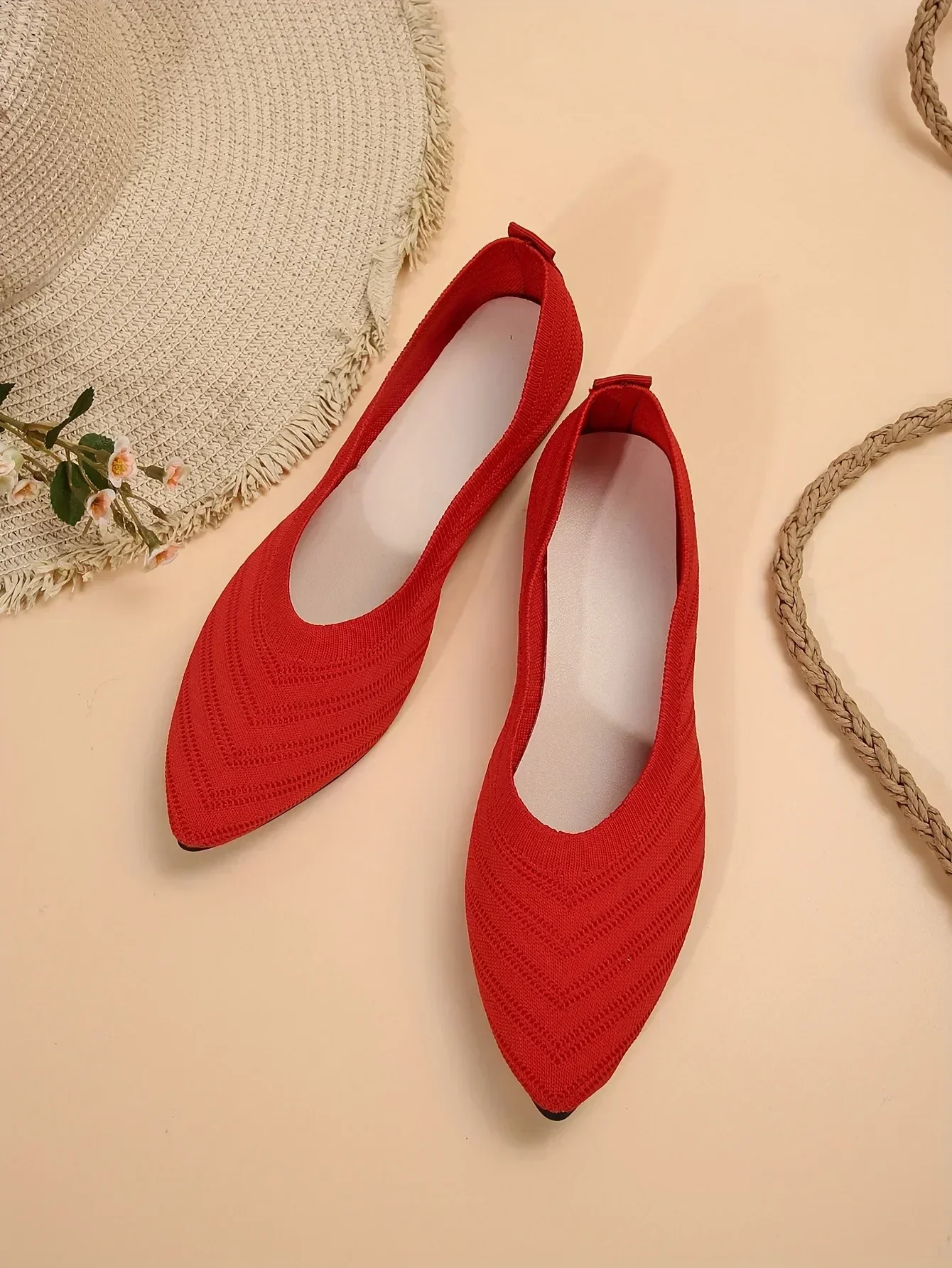 New 2024 Pointed Toe Flat Office Boat Solid Color Knitted Slip on Shoes Casual Ballet Flats Shoes Women Loafers Zapatos De Mujer