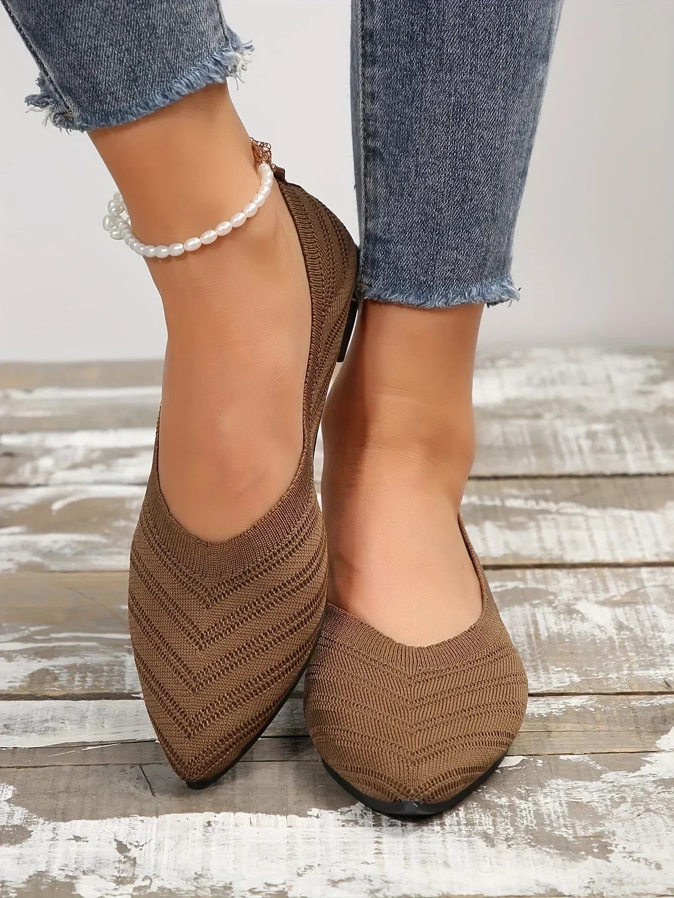 New 2024 Pointed Toe Flat Office Boat Solid Color Knitted Slip on Shoes Casual Ballet Flats Shoes Women Loafers Zapatos De Mujer