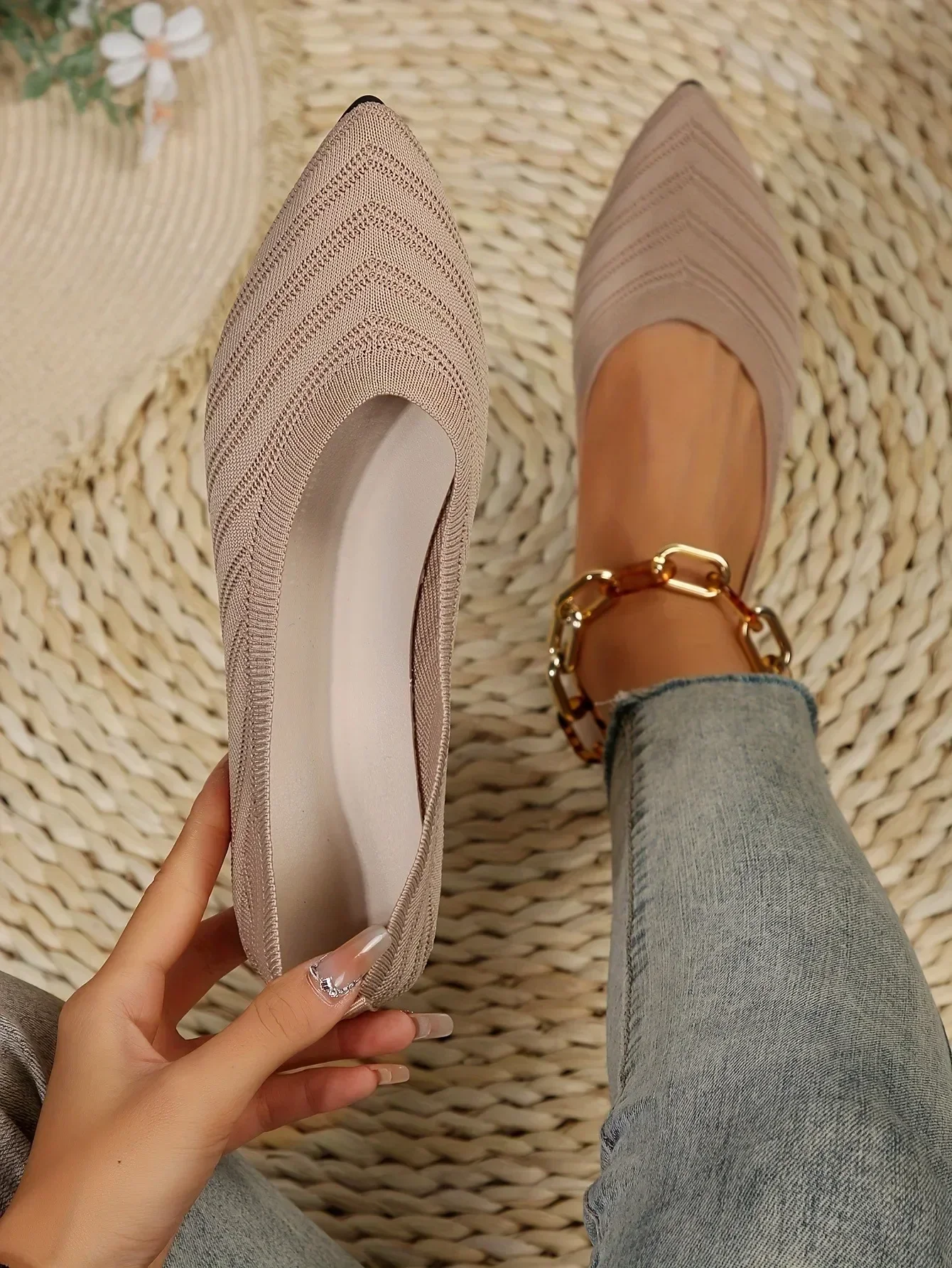 New 2024 Pointed Toe Flat Office Boat Solid Color Knitted Slip on Shoes Casual Ballet Flats Shoes Women Loafers Zapatos De Mujer