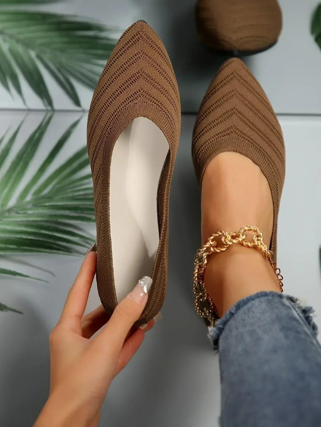 New 2024 Pointed Toe Flat Office Boat Solid Color Knitted Slip on Shoes Casual Ballet Flats Shoes Women Loafers Zapatos De Mujer