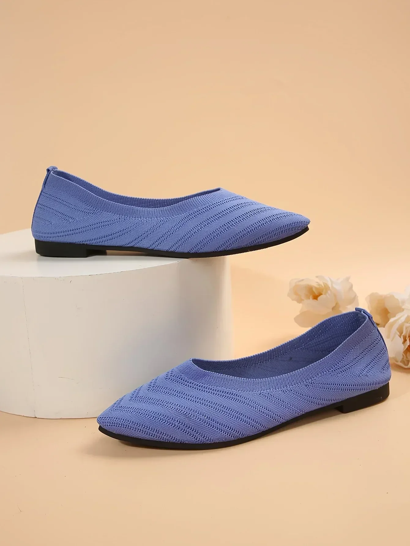 New 2024 Pointed Toe Flat Office Boat Solid Color Knitted Slip on Shoes Casual Ballet Flats Shoes Women Loafers Zapatos De Mujer