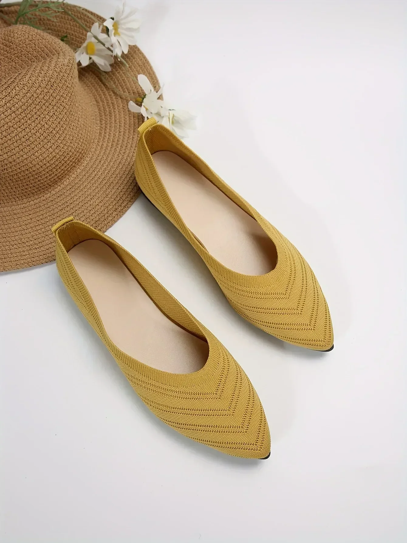 New 2024 Pointed Toe Flat Office Boat Solid Color Knitted Slip on Shoes Casual Ballet Flats Shoes Women Loafers Zapatos De Mujer
