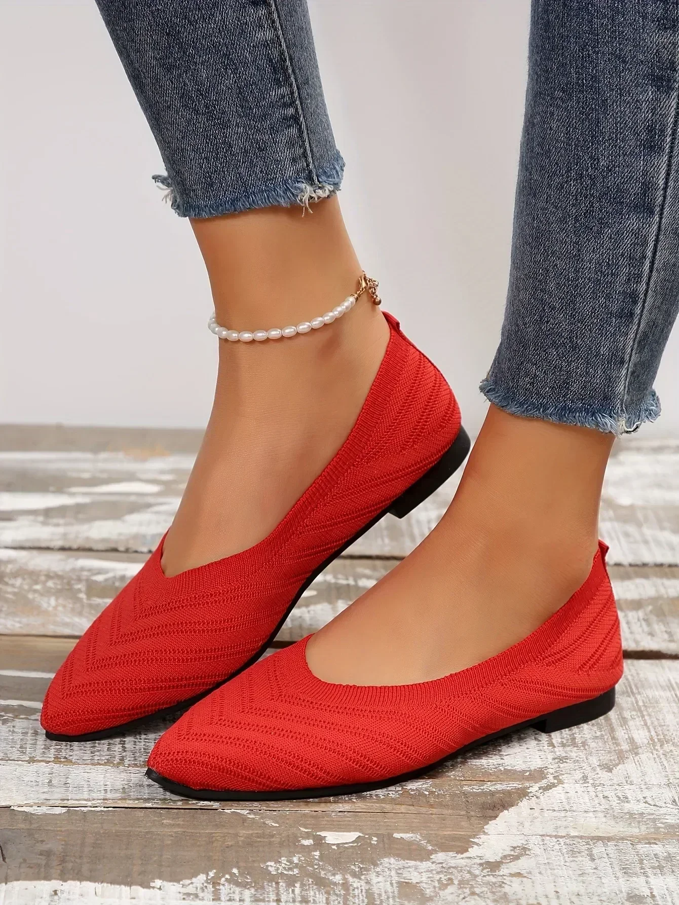 New 2024 Pointed Toe Flat Office Boat Solid Color Knitted Slip on Shoes Casual Ballet Flats Shoes Women Loafers Zapatos De Mujer