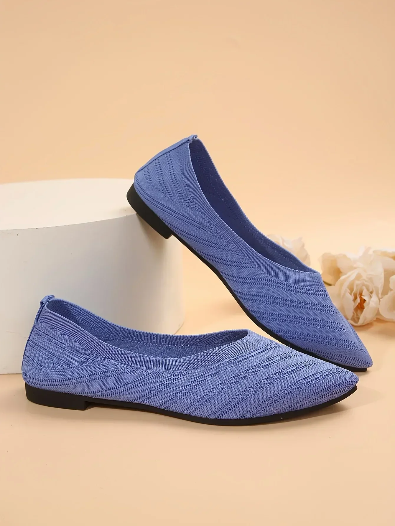 New 2024 Pointed Toe Flat Office Boat Solid Color Knitted Slip on Shoes Casual Ballet Flats Shoes Women Loafers Zapatos De Mujer