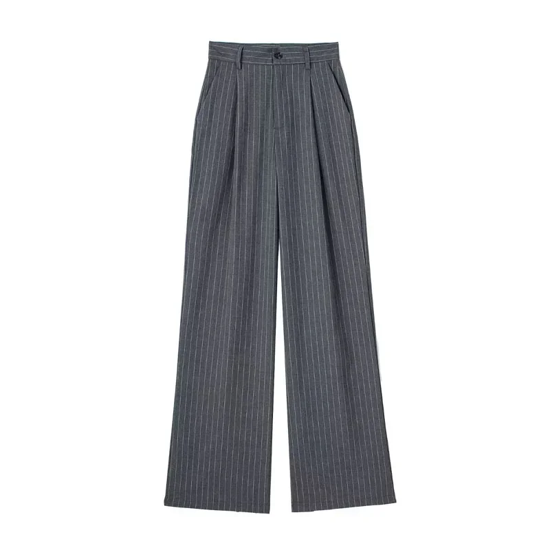 HXAO Women's Formal Pants Office Wear Women Striped Grey Black Pants Woman High Waist Baggy Suit Pants Casual Wide Leg Trousers