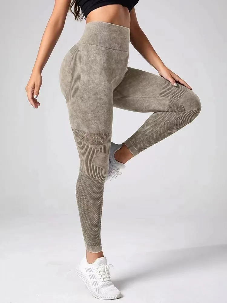 Hollow Out Leggings Women Seamless Slim Tights Frosted Water Washing Fitness Pants High Waist Hip Liftting Stretchy Yoga Pants