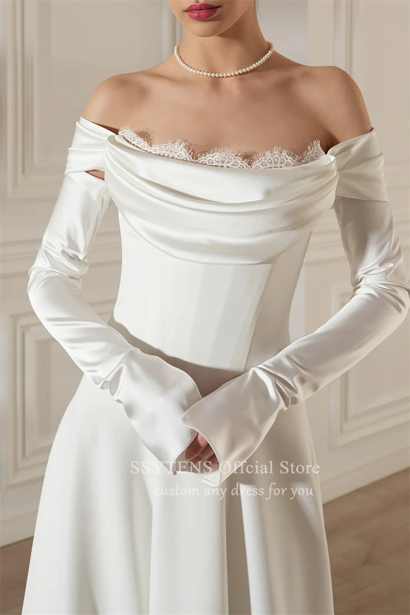 Chic Satin Wedding Dresses Detachable Sleeves Ankle Length Bridal Gowns Lace Off-Shoulder Vestido De Noiva Custom Bride Dress