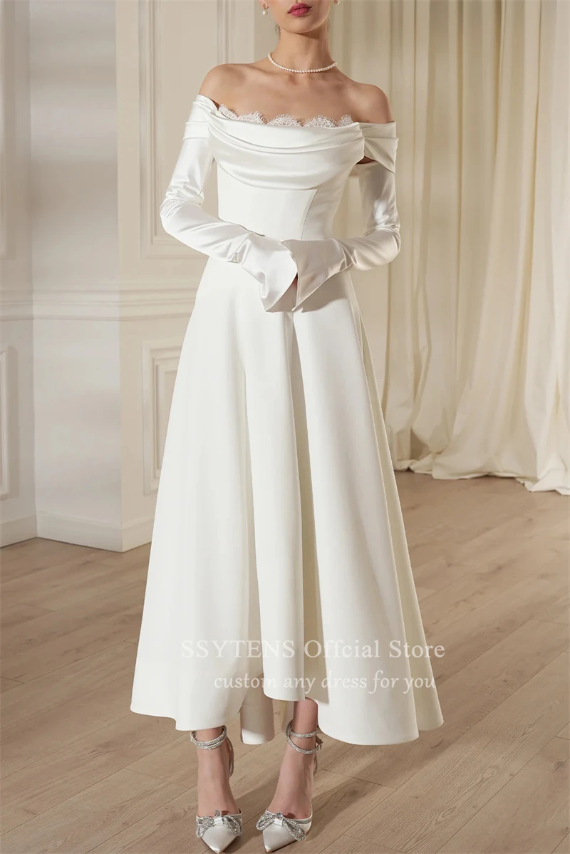 Chic Satin Wedding Dresses Detachable Sleeves Ankle Length Bridal Gowns Lace Off-Shoulder Vestido De Noiva Custom Bride Dress