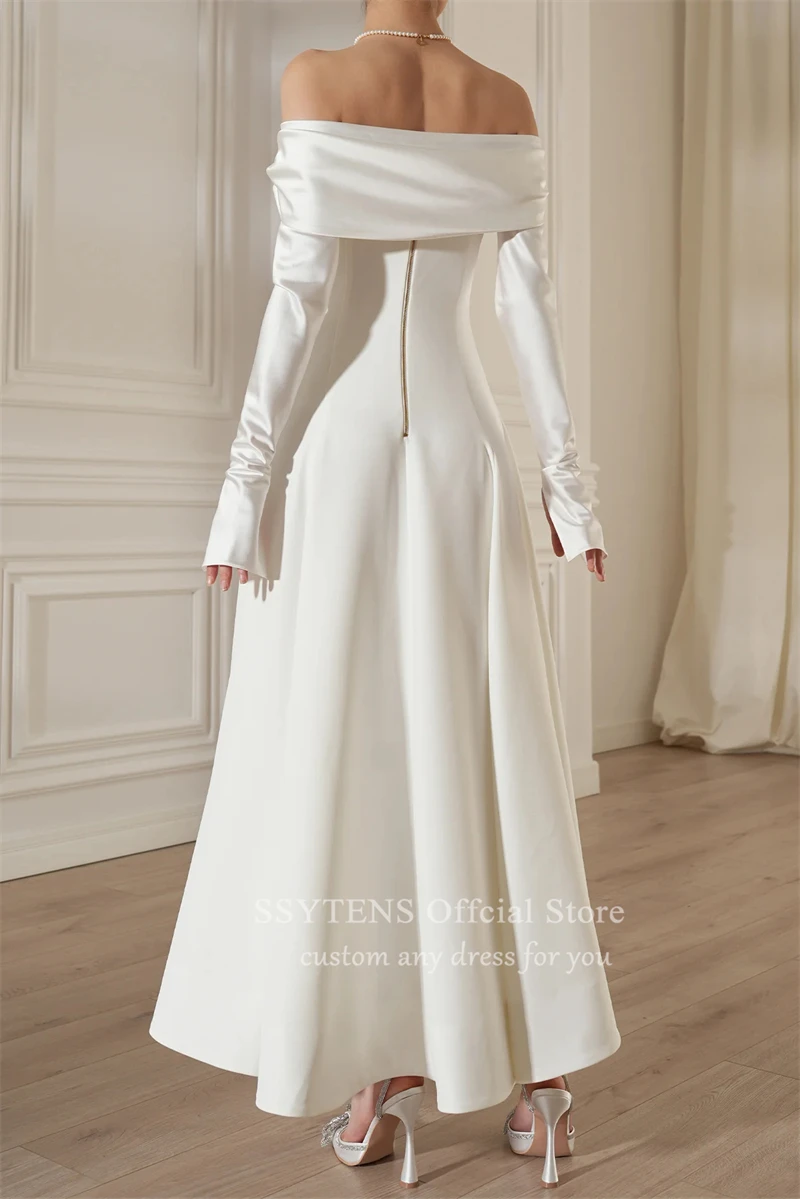Chic Satin Wedding Dresses Detachable Sleeves Ankle Length Bridal Gowns Lace Off-Shoulder Vestido De Noiva Custom Bride Dress