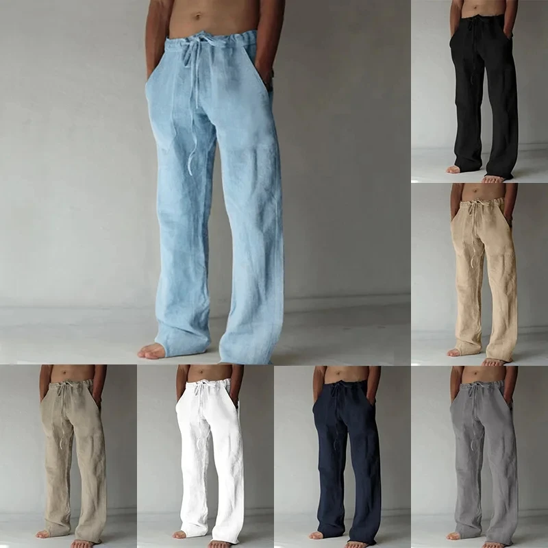 Men's Cotton Long Pants Summer Solid Color Breathable Trousers Male Casual Elastic Waist Casual Pants Harajuku Trous