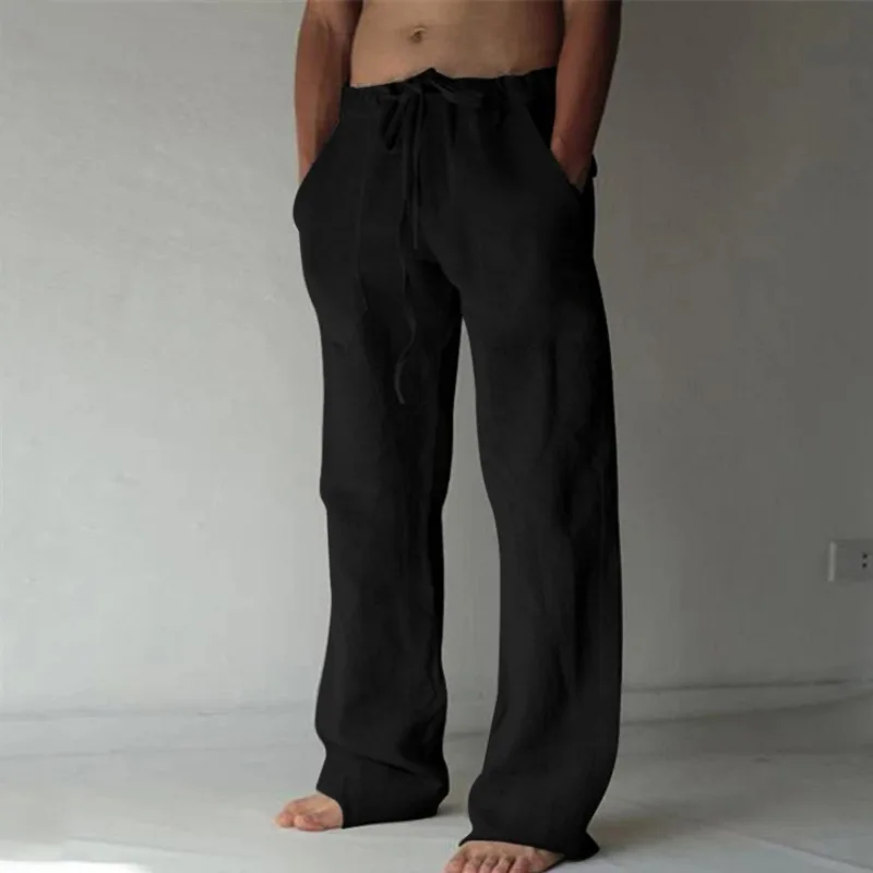 Men's Cotton Long Pants Summer Solid Color Breathable Trousers Male Casual Elastic Waist Casual Pants Harajuku Trous